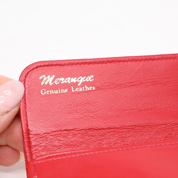 Vintage Merangue Red Genuine Leather Bifold Wallet with Calculator & Pen Retro - Picture 4 of 11